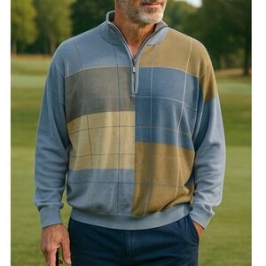 Scandia Woods 1/4 Zip Up Sweater Mens‎ XL Blue Grey Tan Block Golf Pullover